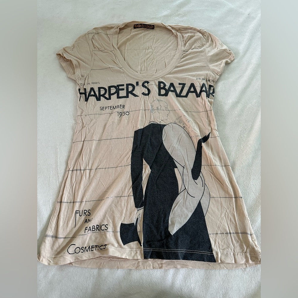 Trash & luxury Harpers bazaar tan short sleeve graphic t shirt